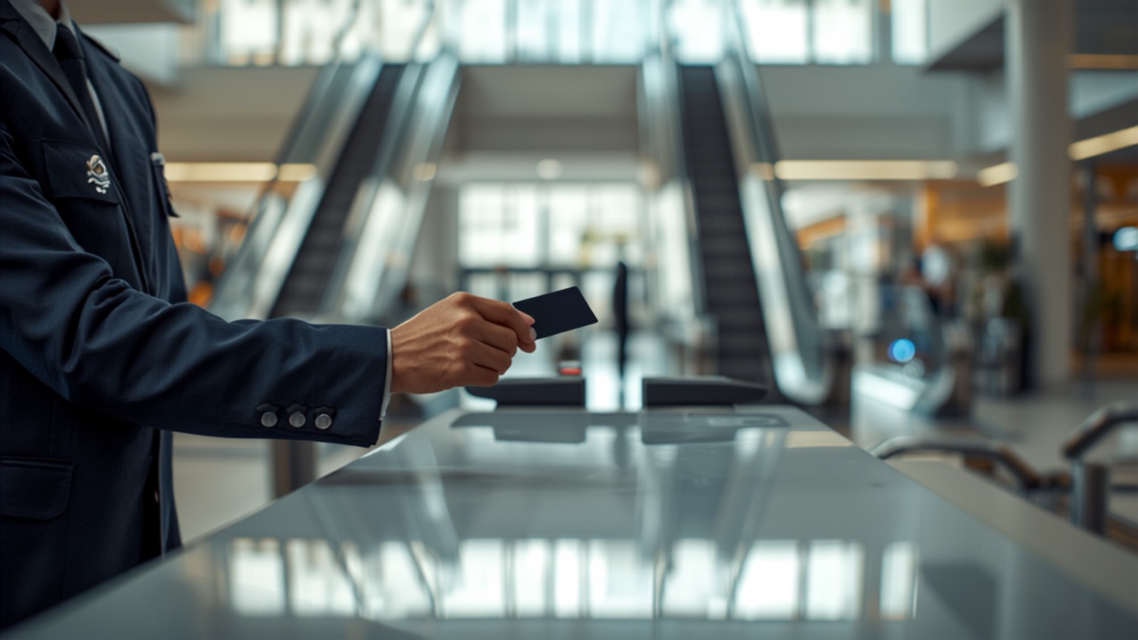 Security officer checking a visitor's access card at a shopping centre control desk
