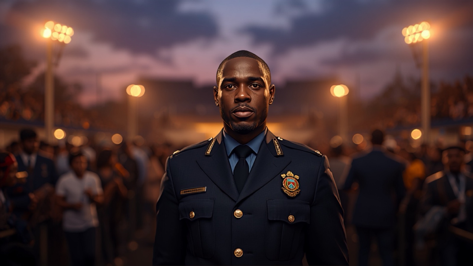 Security officer managing the entrance queue at a stadium event under floodlights