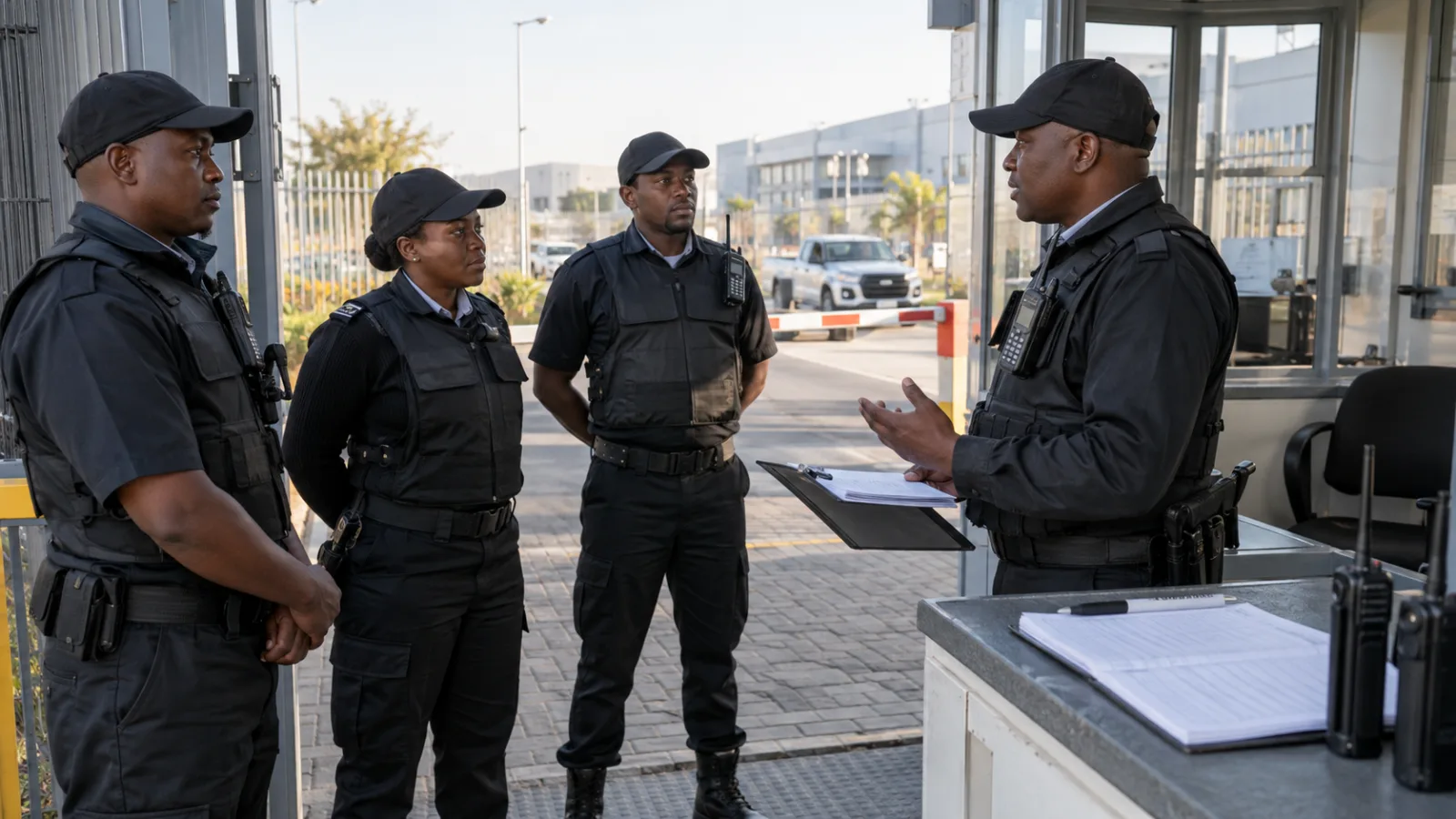 Operations manager planning a four-week security roster on a whiteboard grid with relief officers marked