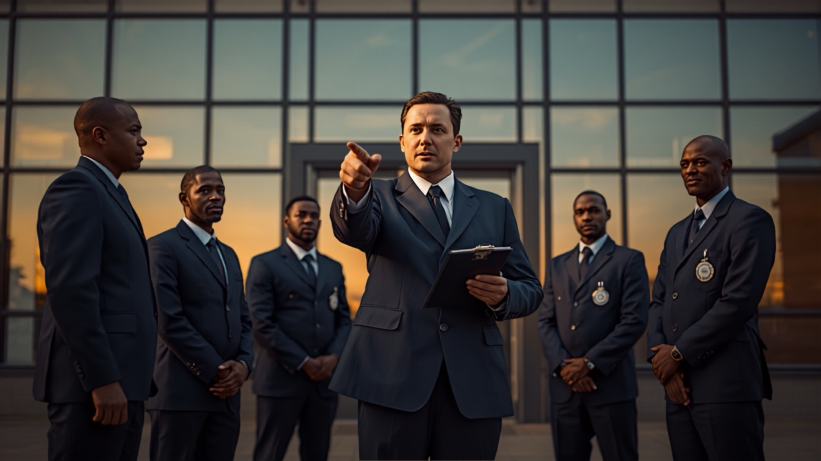Security supervisor with a clipboard briefing a team of officers at shift change outside an office building
