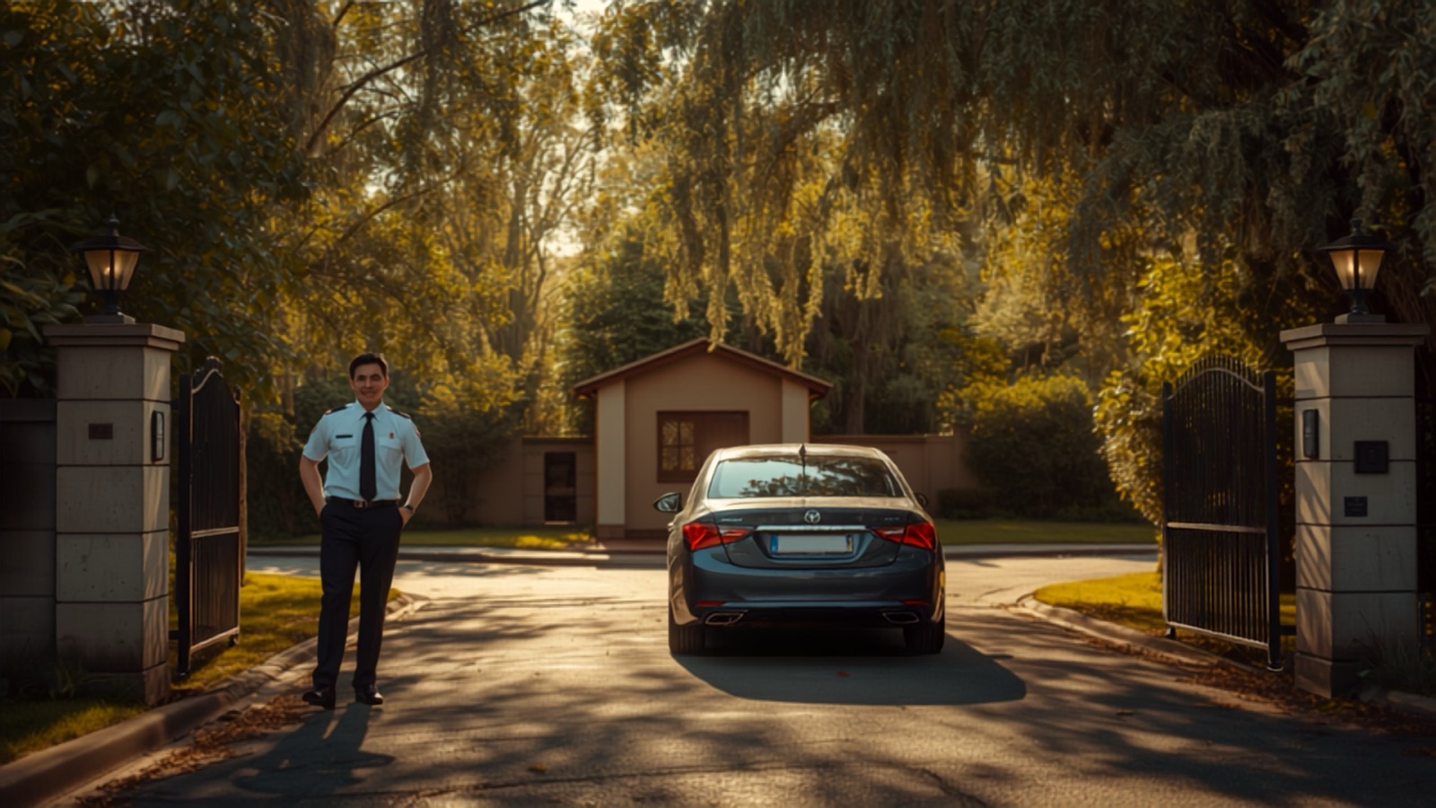 PSIRA grades start at the gate: a uniformed security officer opening a residential estate gate for a resident's car