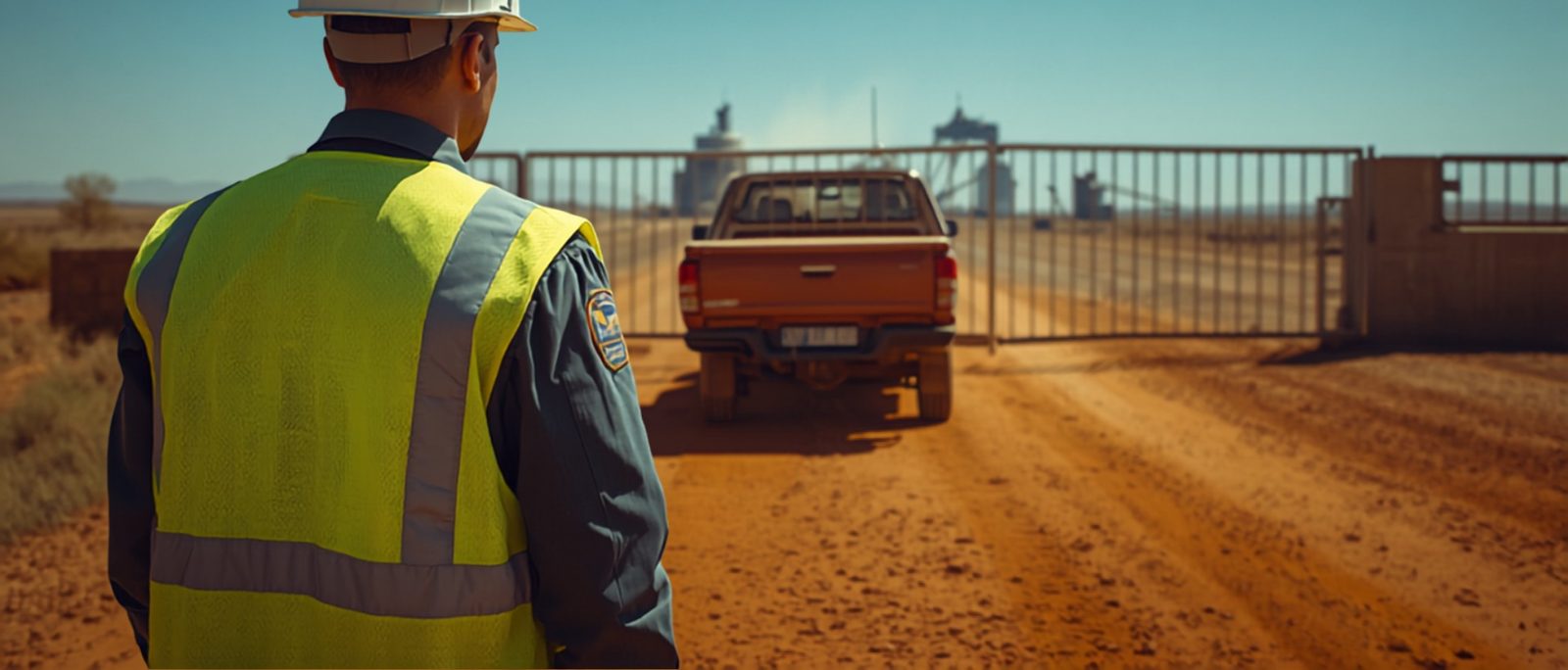 Security officer in a high-visibility vest inspecting a vehicle at a mine entrance checkpoint