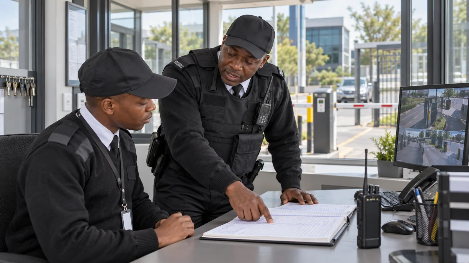 New security officer reading the site orders binder at a guard house while an experienced officer points to the alarm panel