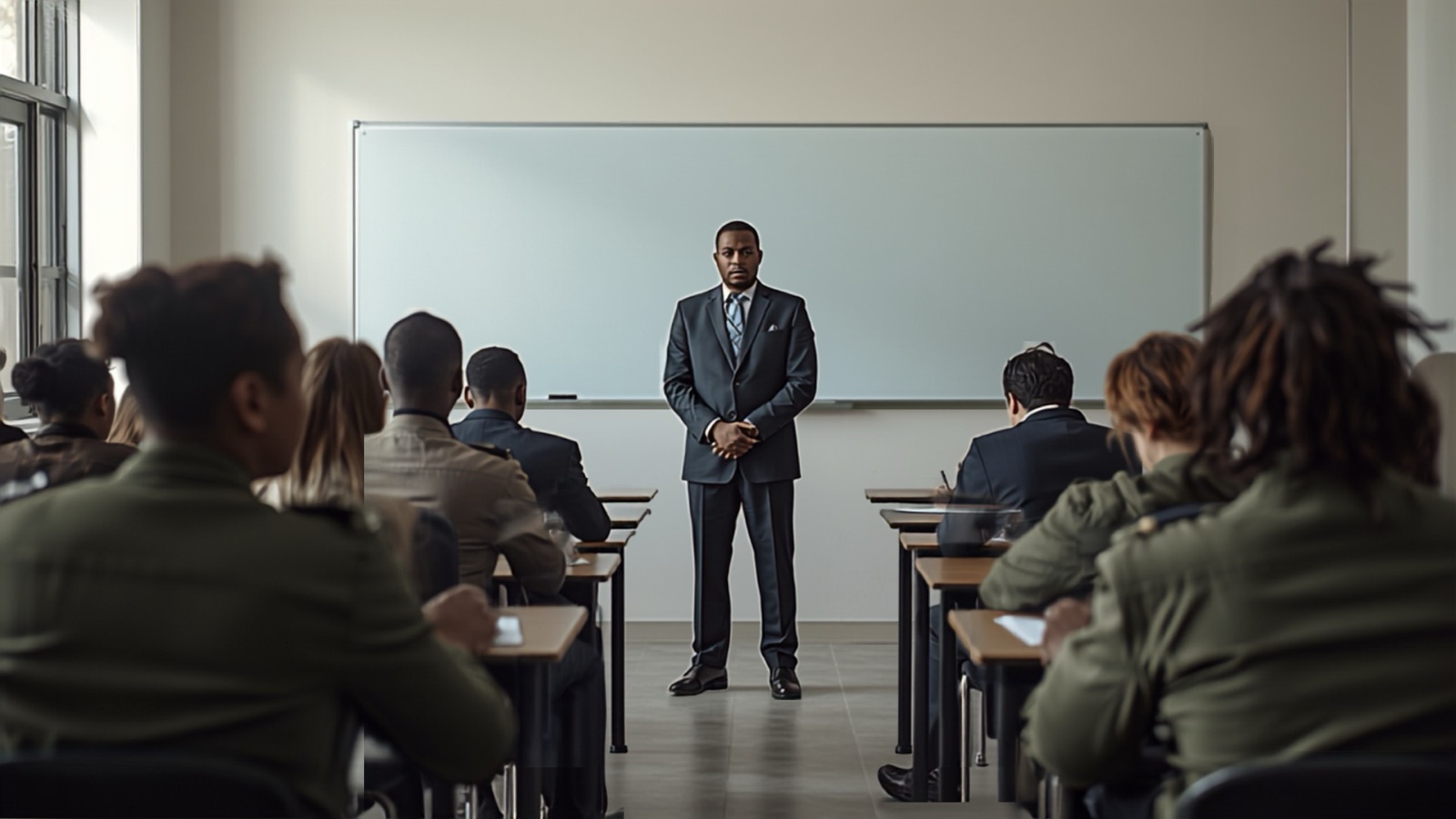 Trainees in a security training classroom listening to an instructor standing at the front