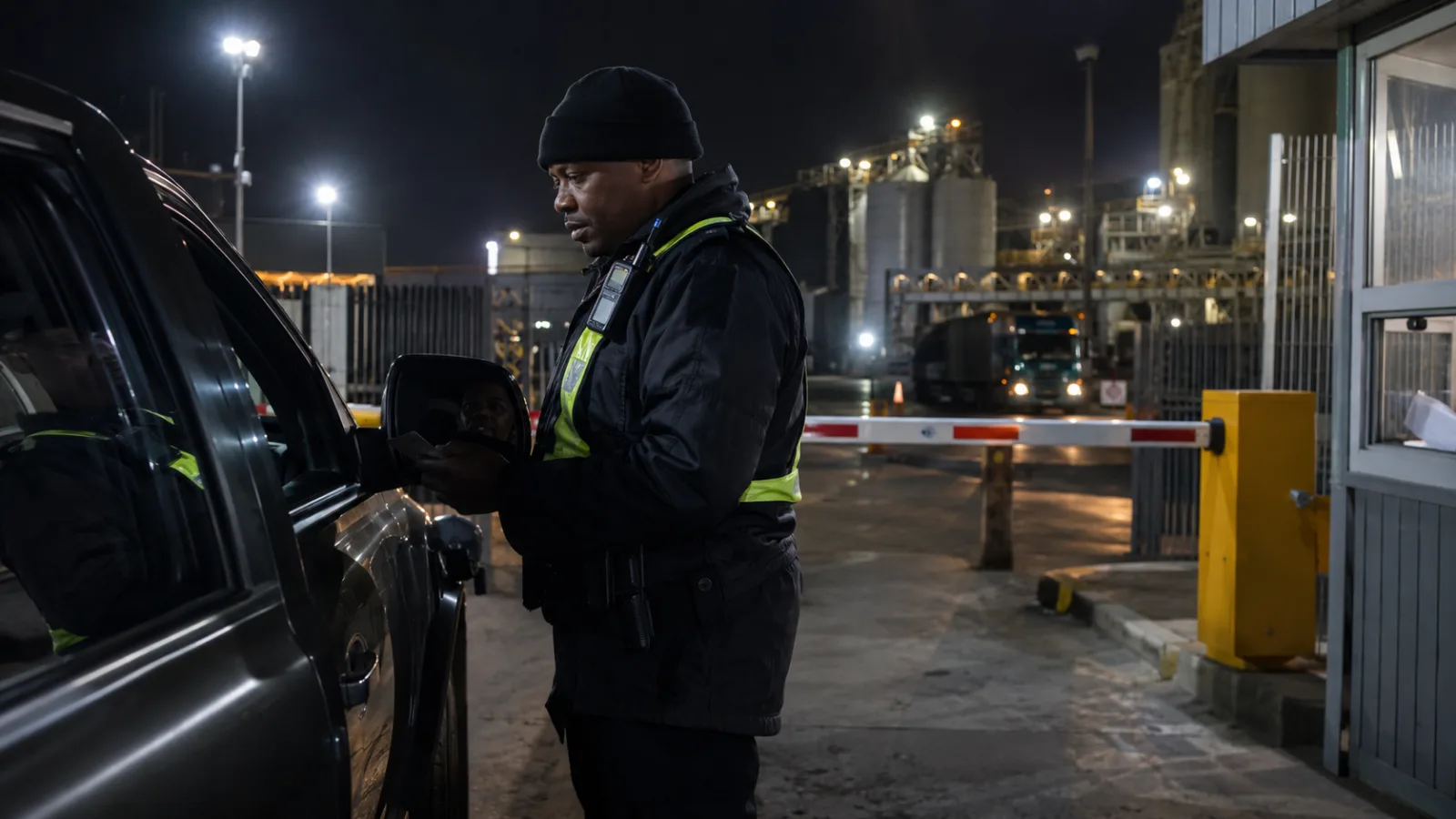 Site supervisor and officer signing a timesheet with overtime hours at the end of a shift