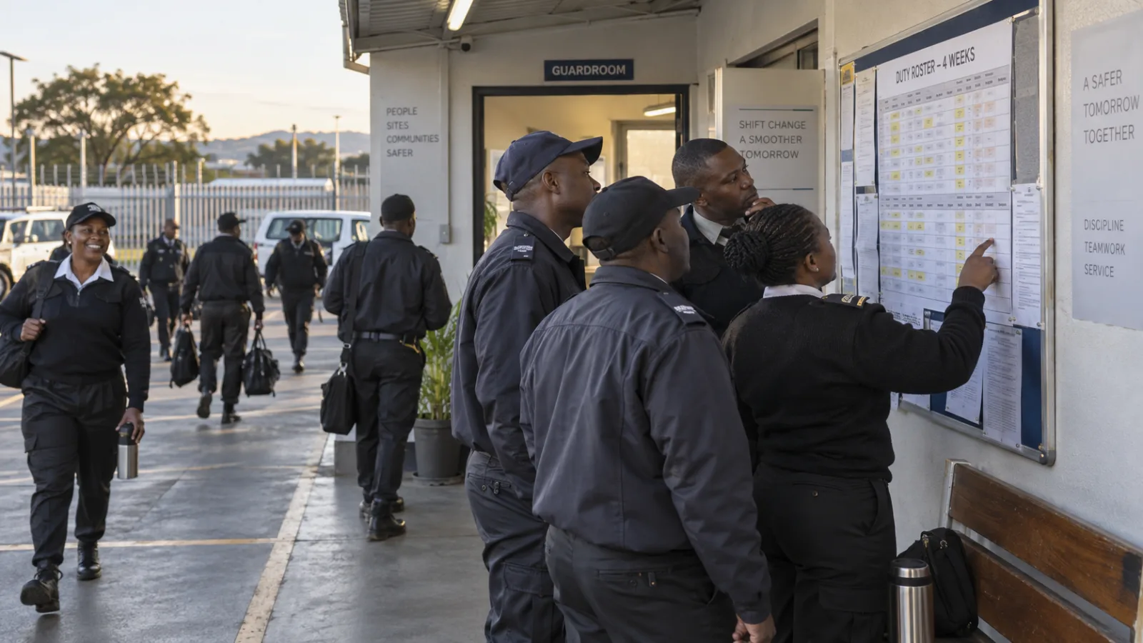 Security officers reading a four-week roster posted on a depot notice board at shift change