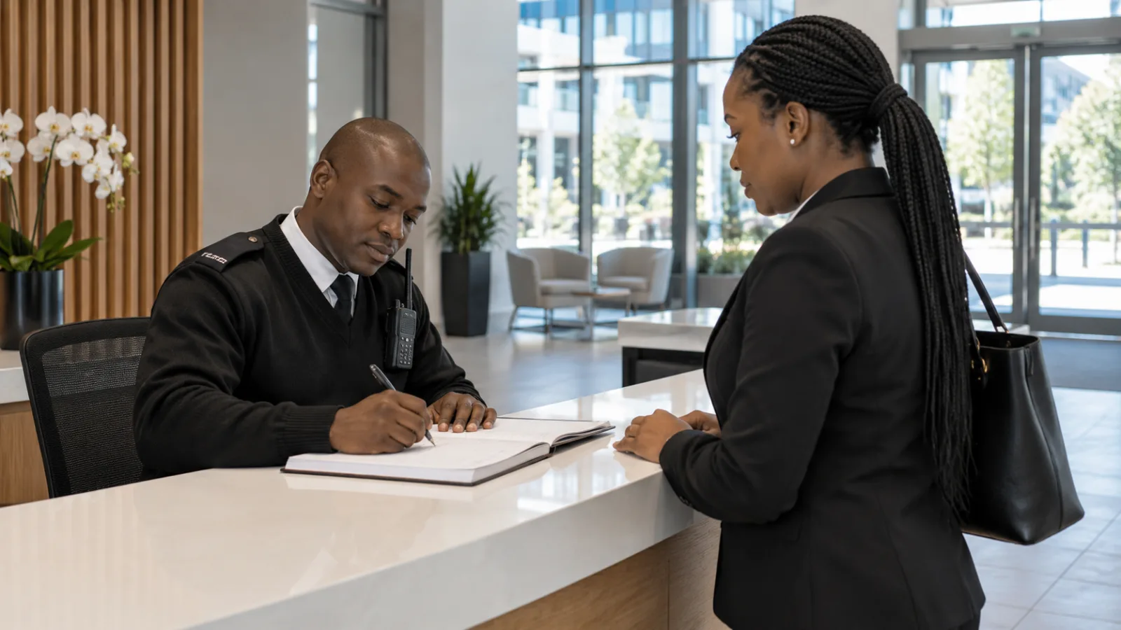 Static security guard at an office-park reception desk signing in a visitor during the day