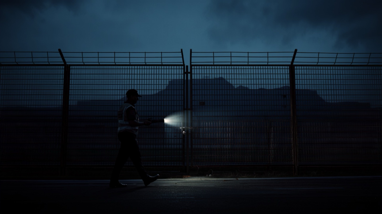 Security officer on a night foot patrol along a warehouse perimeter fence, torch in hand