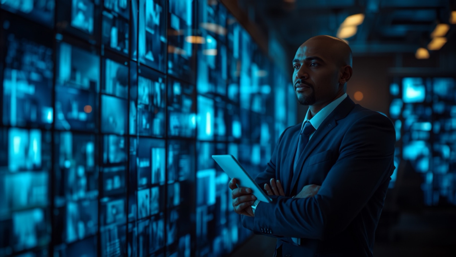 Security site manager holding a tablet in front of a wall of CCTV monitors in a control room